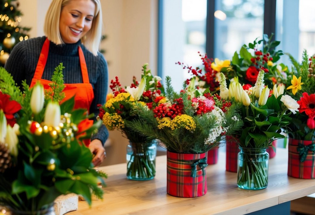 A cheerful scene of fresh flowers being arranged into festive bouquets in Svendborg Denmark as an alternative to traditional Christmas gift baskets A cheerful scene of fresh flowers being arranged into festive bouquets in Svendborg Denmark as an alternative to traditional Christmas gift baskets